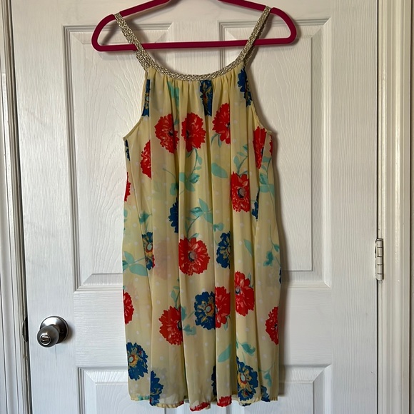Yellow, Red, and Blue Floral Sundress with Braided Gold Neckline - Picture 1 of 3